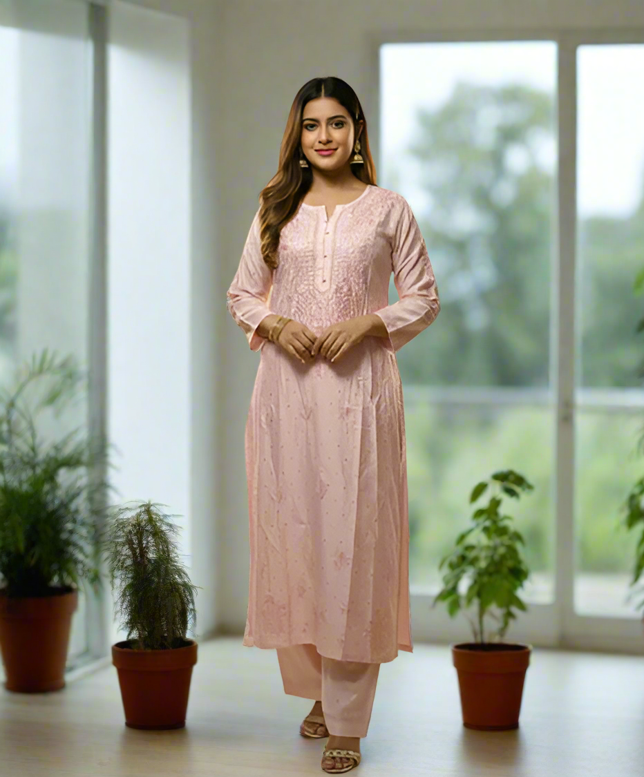 Pure Banarsi Chanderi Kurti with Parallel Pants And Matching Chiffon Dupatta