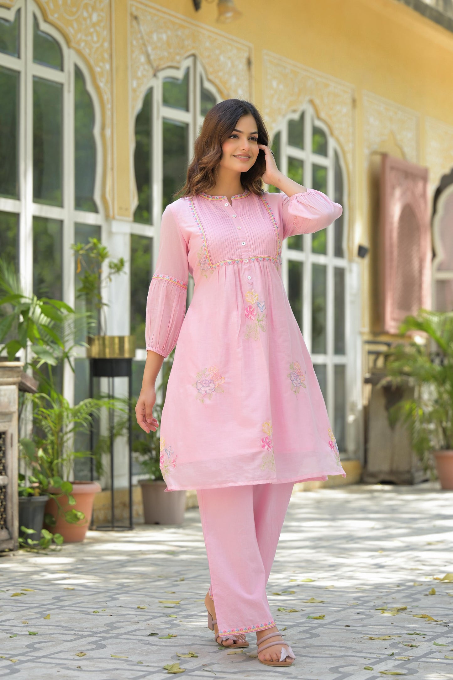 Elegant Mul Cotton A-Line Kurta Set in Pink
