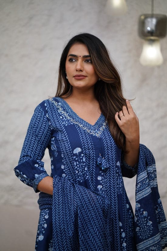 Beautiful Indigo Block Printed Cotton Anarkali Suit