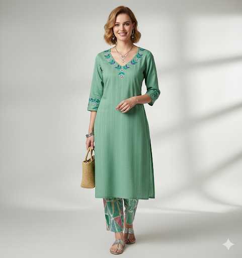 Green Straight Kurta with Printed Pants