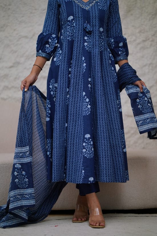 Beautiful Indigo Block Printed Cotton Anarkali Suit