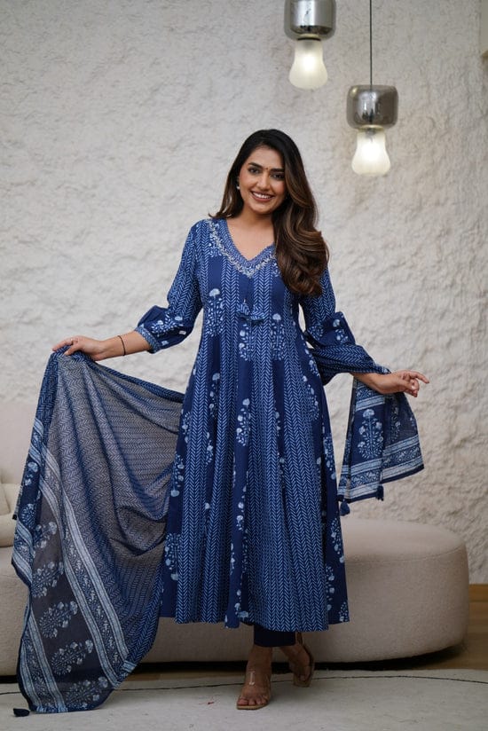 Beautiful Indigo Block Printed Cotton Anarkali Suit