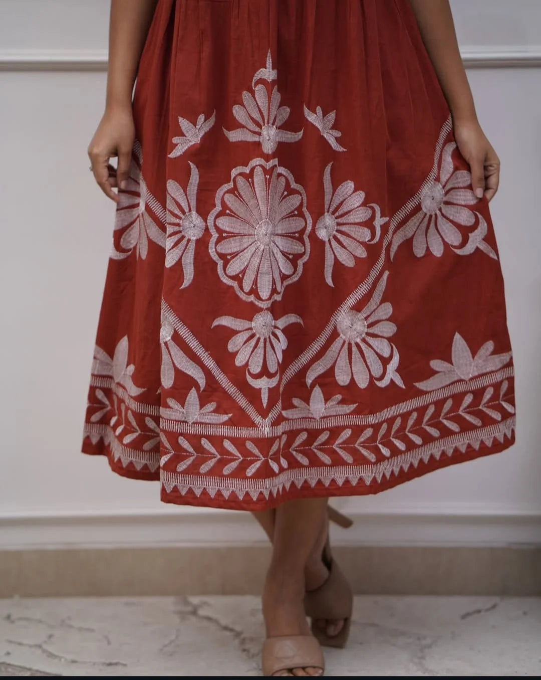 Beautiful Embroidered Cotton Midi Dress in Rust Colour