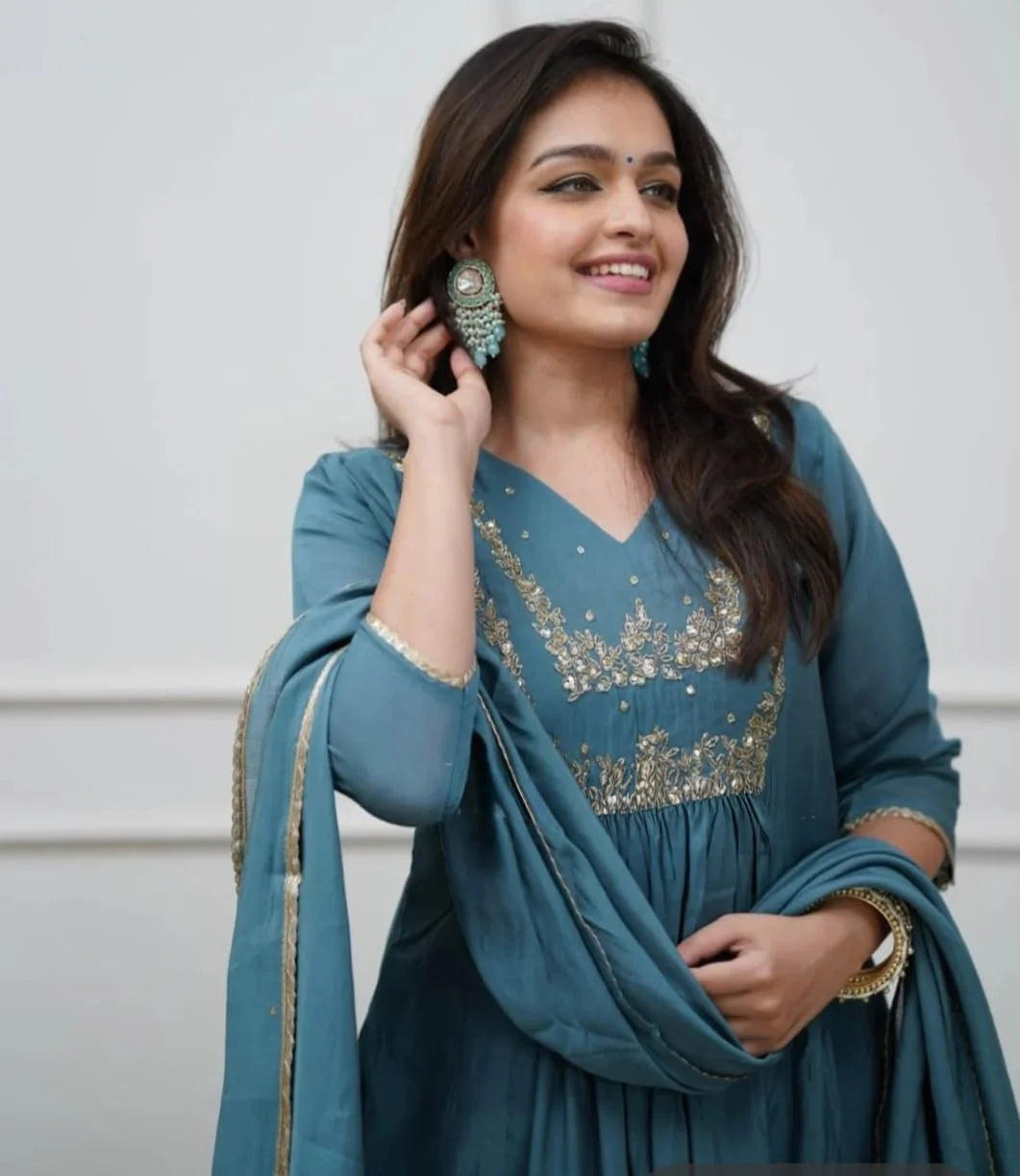 Beautiful Muslin Silk Anarkali Dupatta Suit In Teal Colour