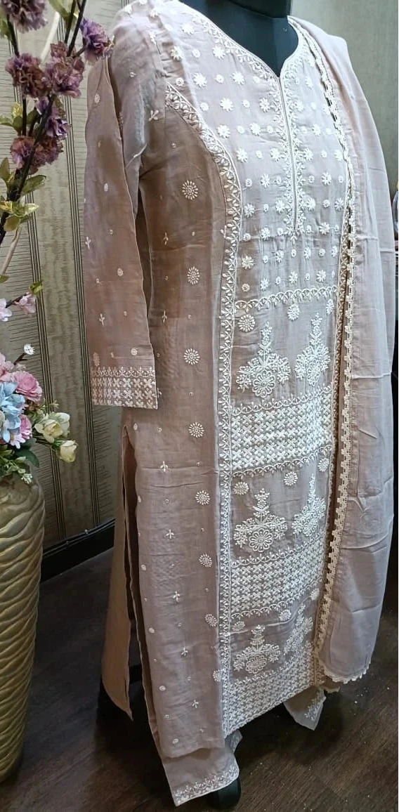 Elegant Sage Beige Embroidered Straight Kurta Set with Lace-Border Dupatta