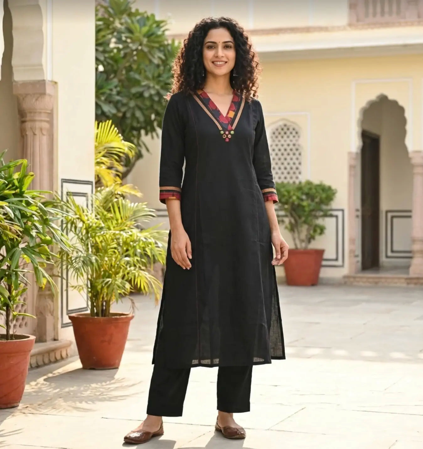 Elegant Black Kurti Set With Overlapped V Neck