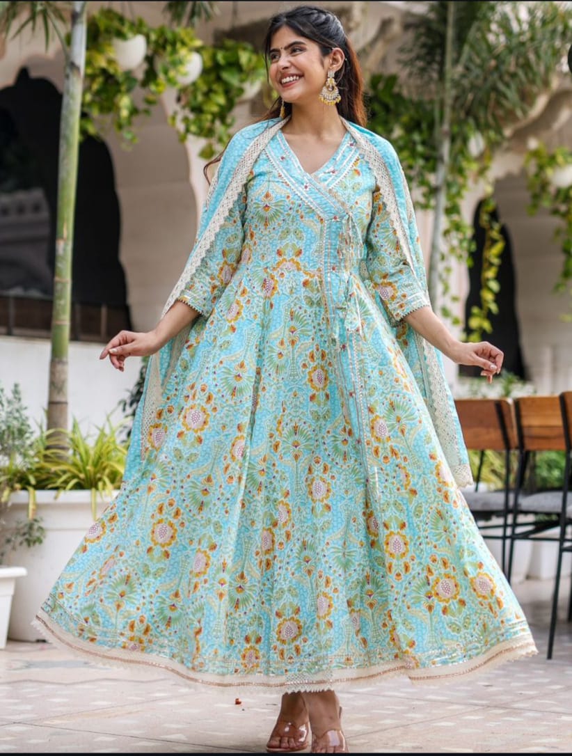 Charming Blue Angarakha Anarkali floral suit with laced Dupatta