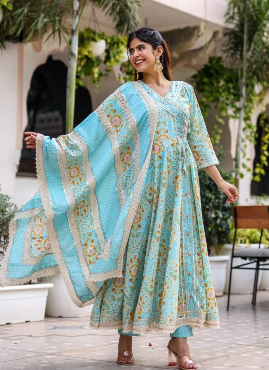 Charming Blue Angarakha Anarkali floral suit with laced Dupatta