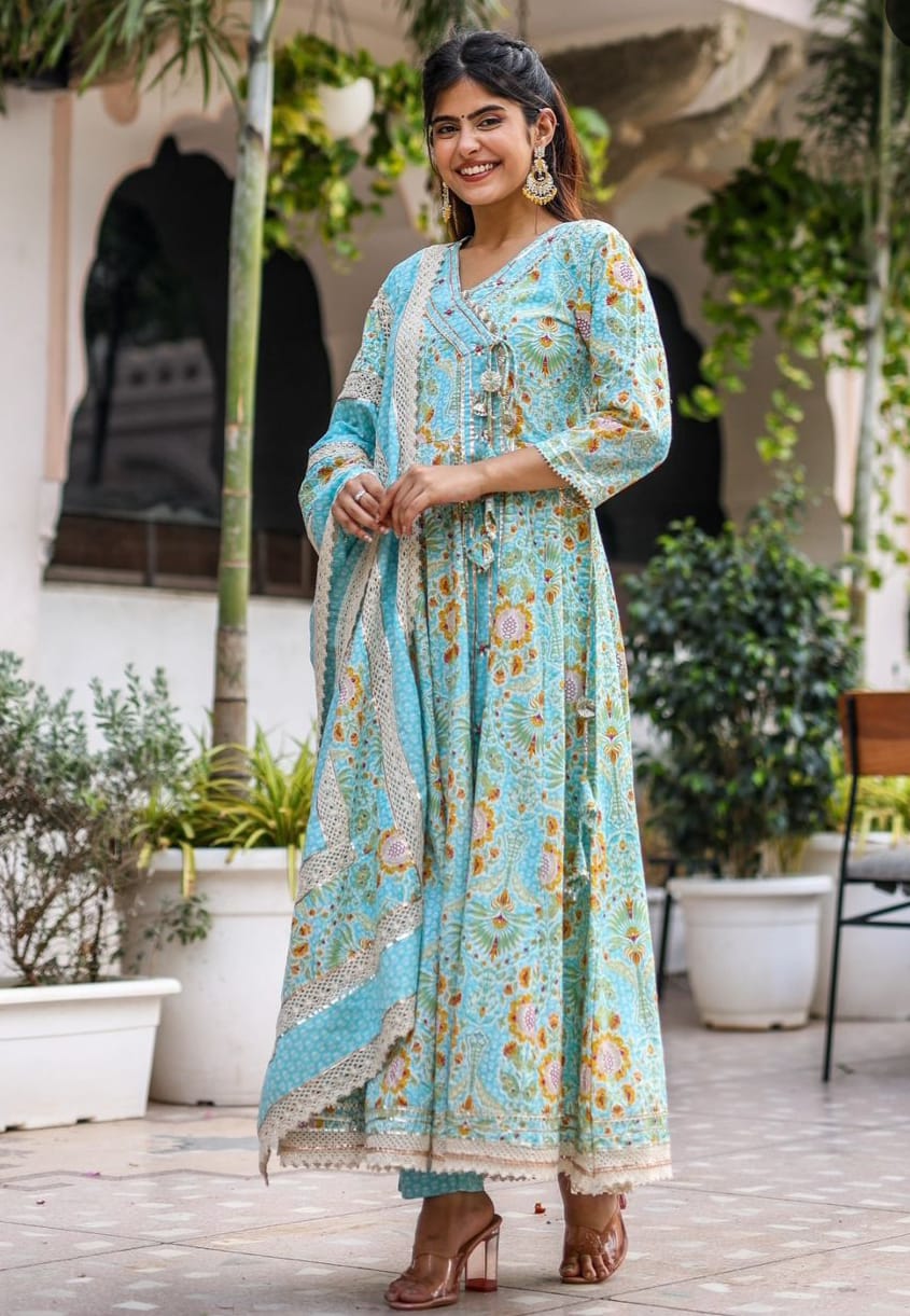 Charming Blue Angarakha Anarkali floral suit with laced Dupatta