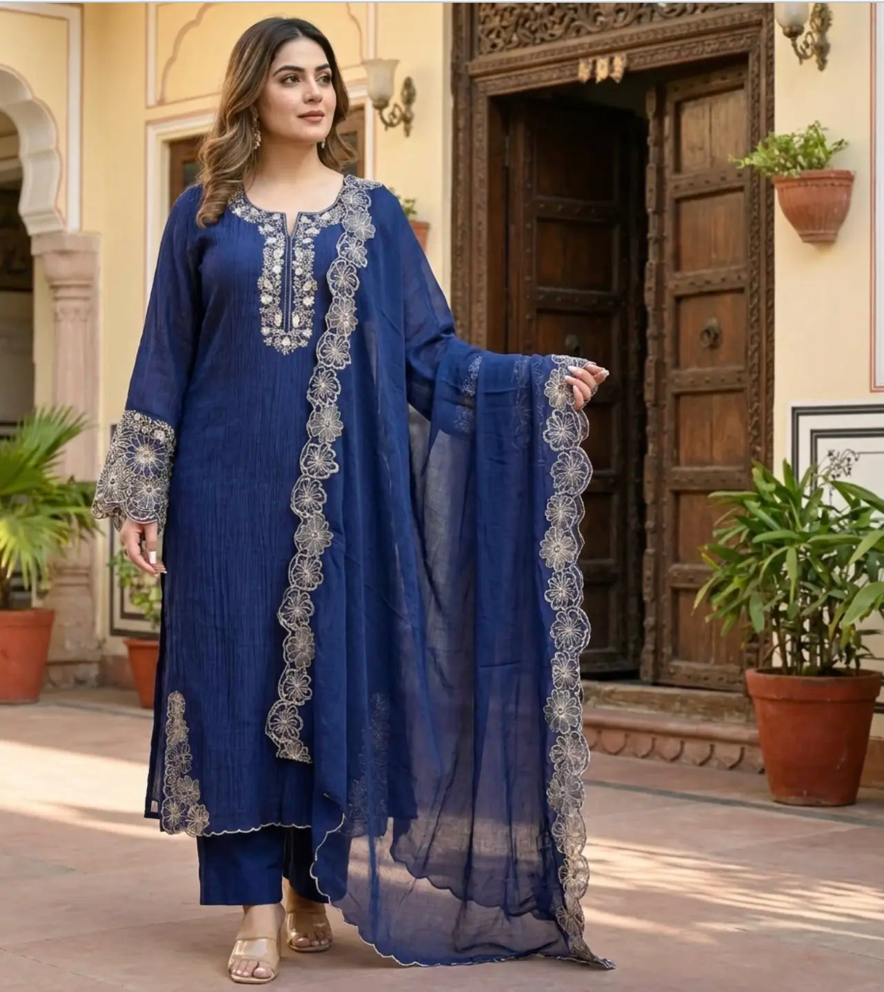 Elegant Navy Blue Suit Set in Crush Cotton
