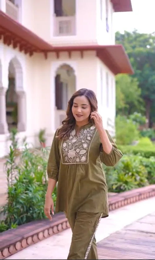 Elegant Cotton A line Embroidery Co-ord Set in Olive Green