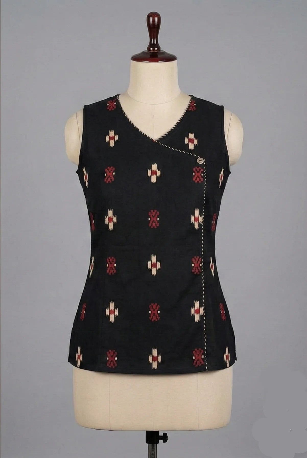 Elegant Cotton Black Wrap Short Kurti With Ikat Pattern Print