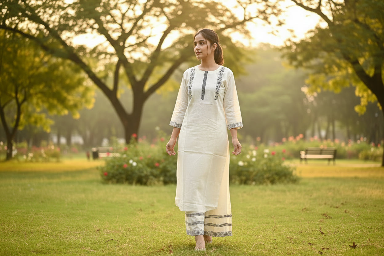 Elegant Off White Straight fit Embroidered Cotton Kurta with Palazzo
