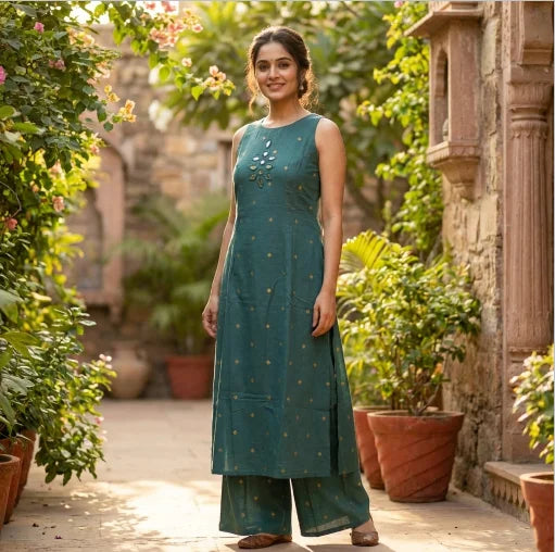 Elegant Teal Green Sleeveless Kurta and Palazzo Pant Set