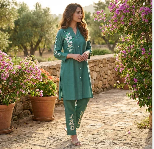 Elegant, Emerald Green, Embroidered Mulchanderi Co-Ord Set