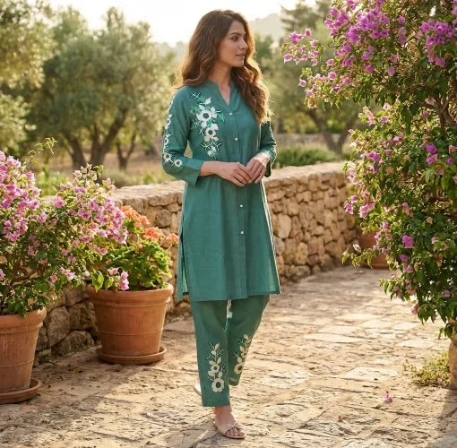 Elegant, Emerald Green, Embroidered Mulchanderi Co-Ord Set