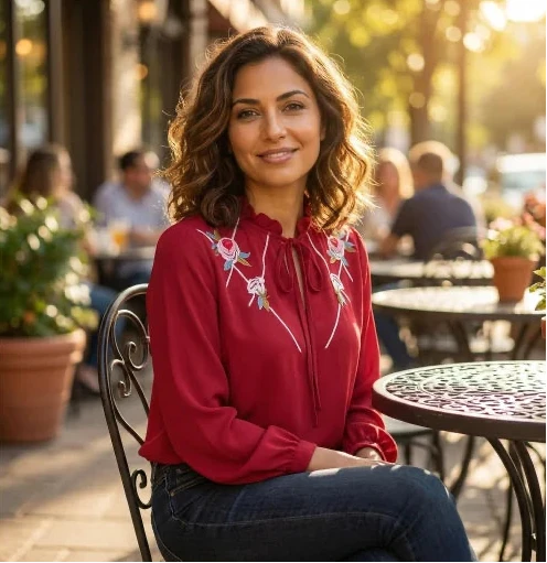 Elegant Long Sleeved Top with floral embroidery