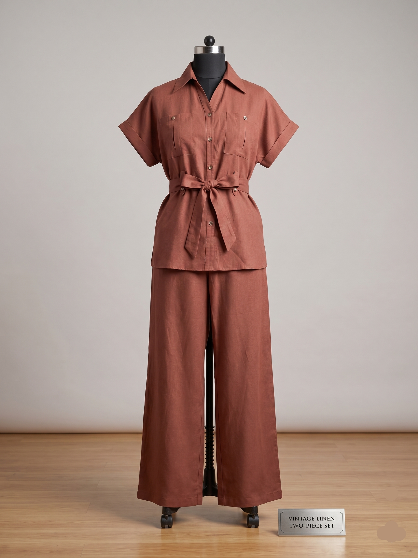 Trendy Rust-Brown Co-ord Set In Blended Linen
