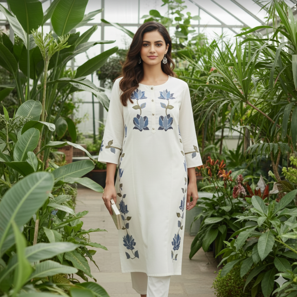 Elegant Floral Threadwork Design White Premium South Cotton Suit Set
