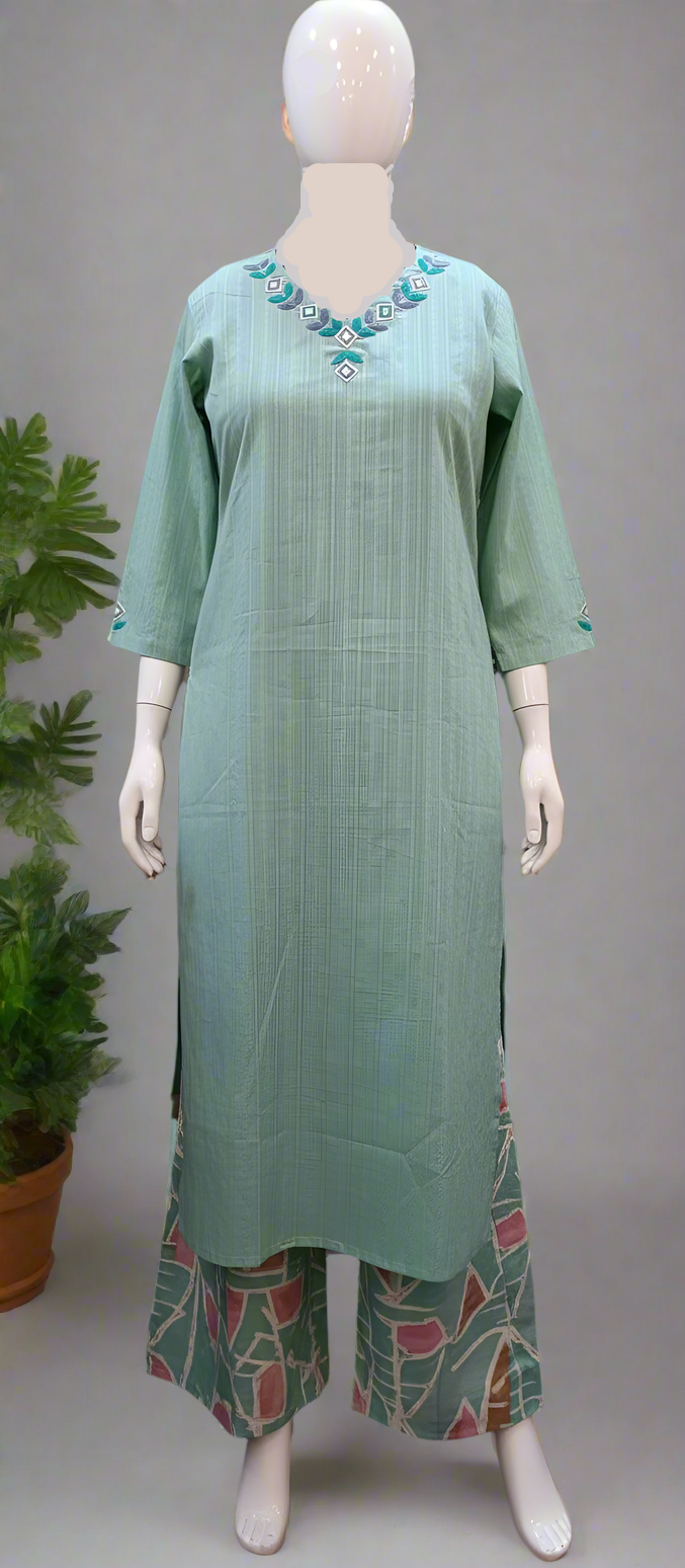Green Straight Kurta with Printed Pants