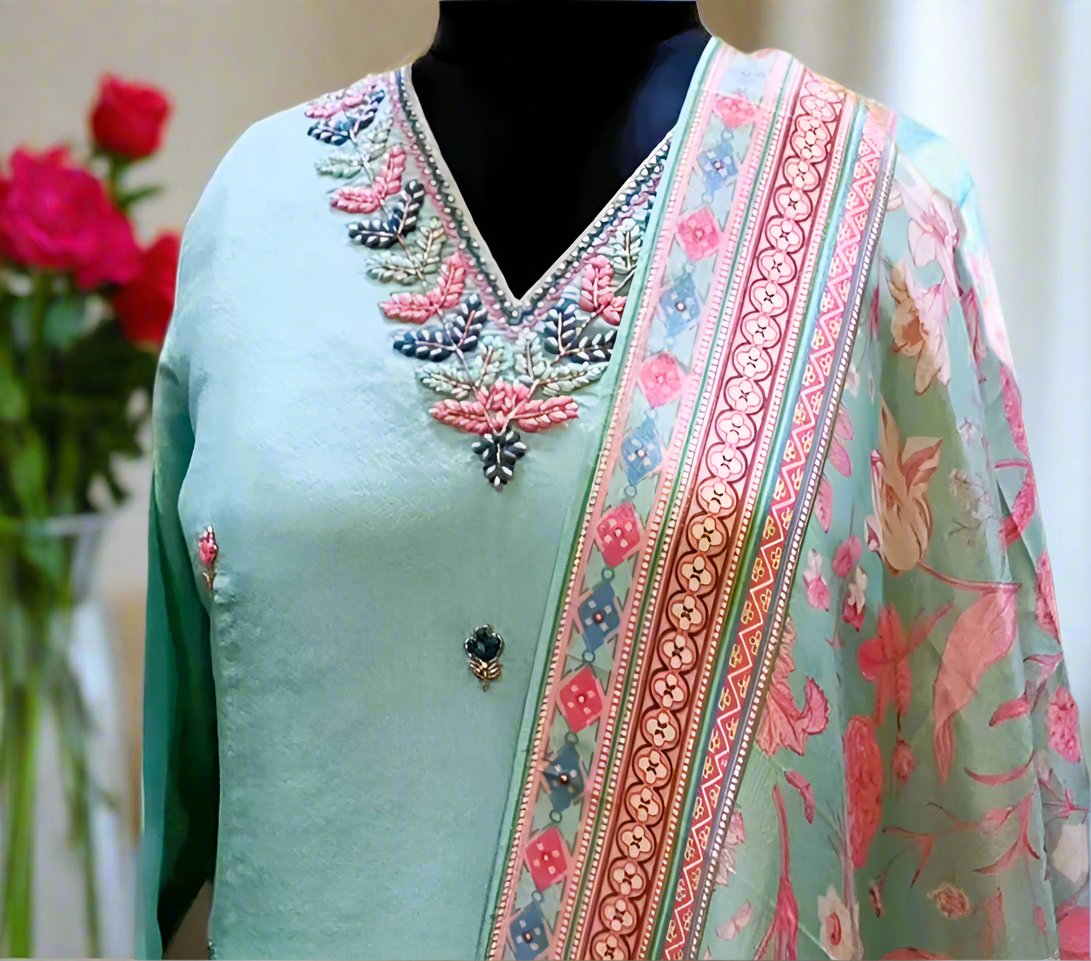 Sea Green Party Wear Simar Suit With Digital Print Dupatta