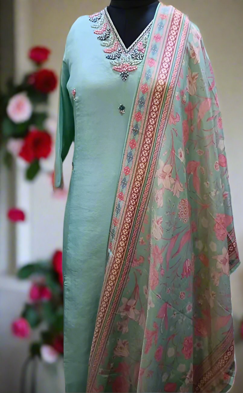 Sea Green Party Wear Simar Suit With Digital Print Dupatta
