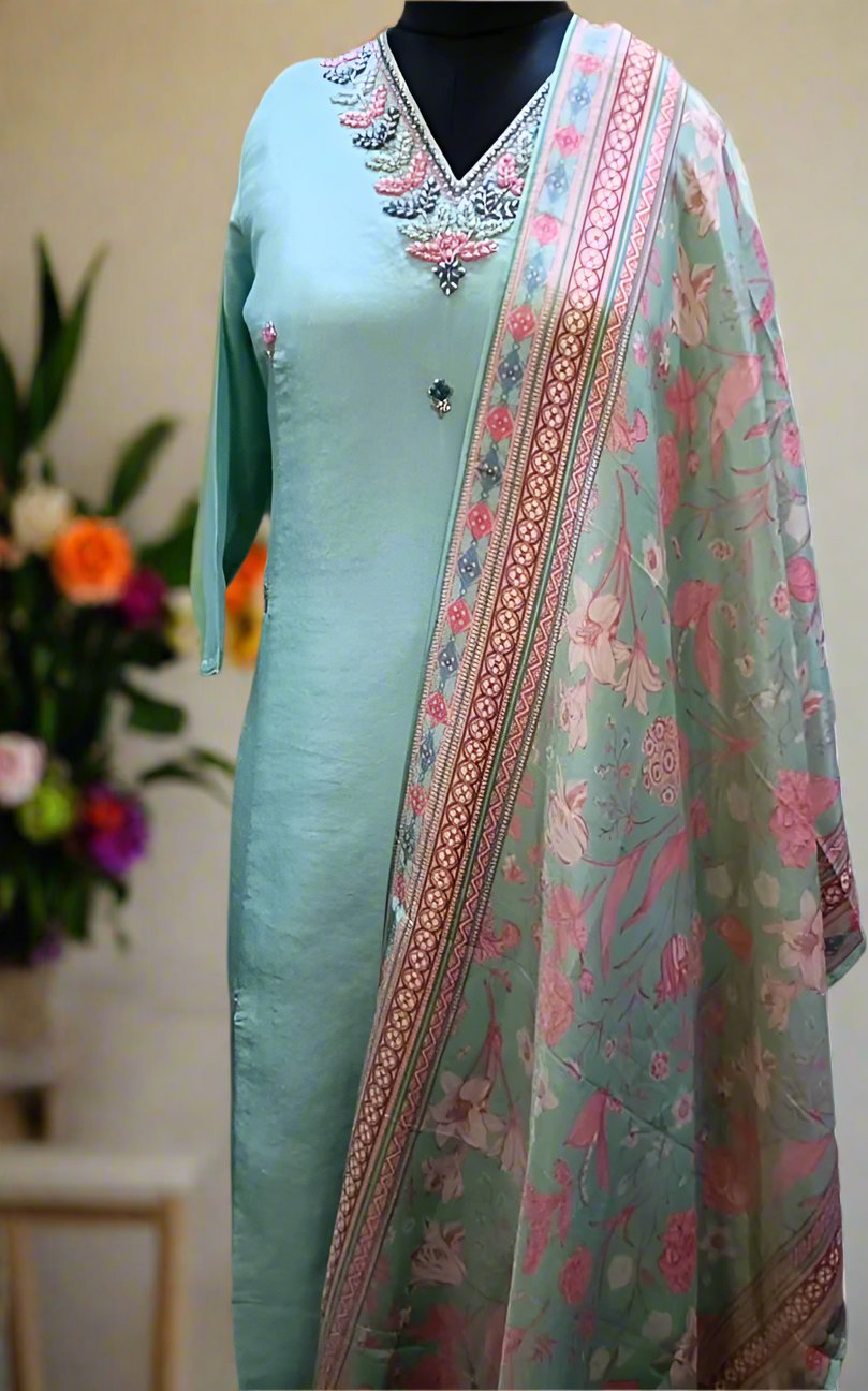 Sea Green Party Wear Simar Suit With Digital Print Dupatta