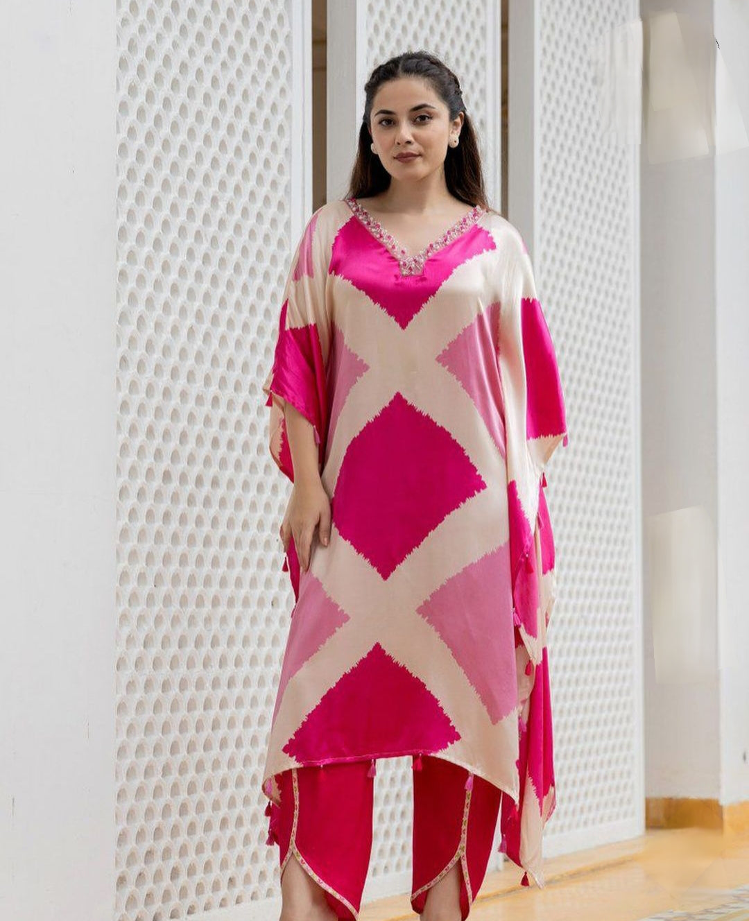 Vibrant Pink Geometric Print Kaftan Set