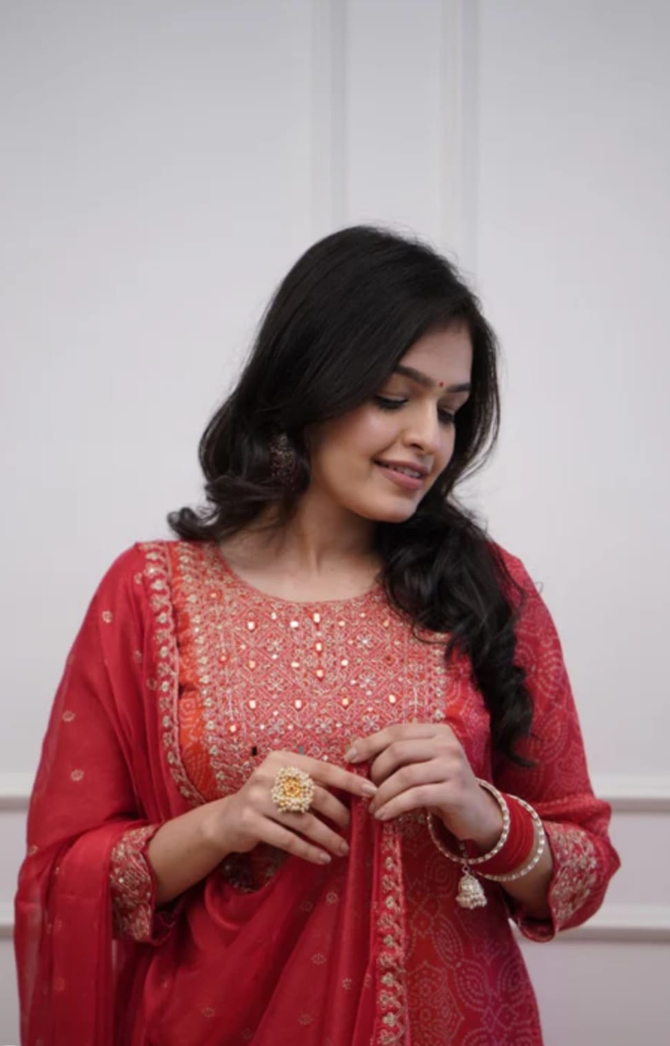 Elegant Silk BandhejSuit With Beautiful Dupatta