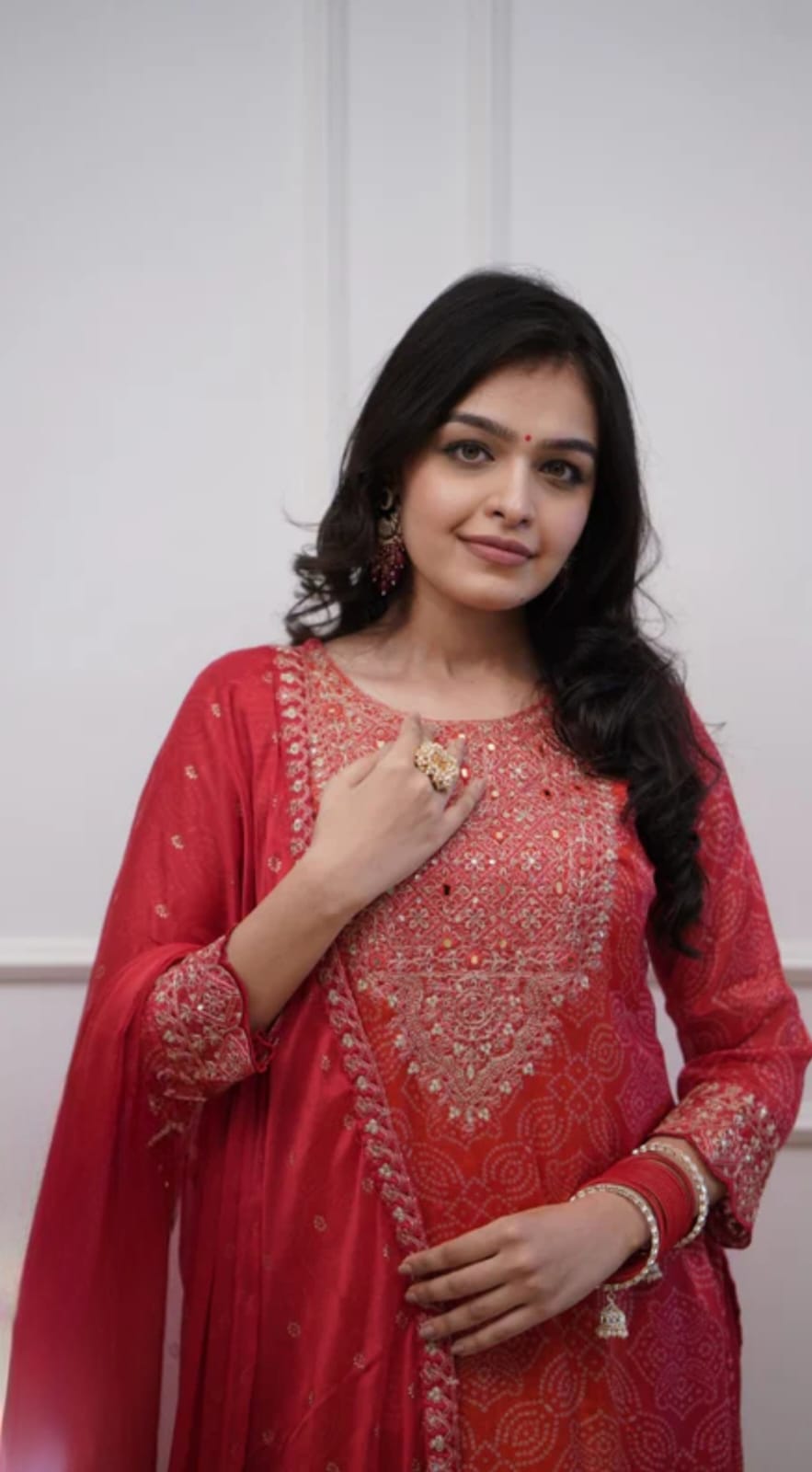 Elegant Silk BandhejSuit With Beautiful Dupatta