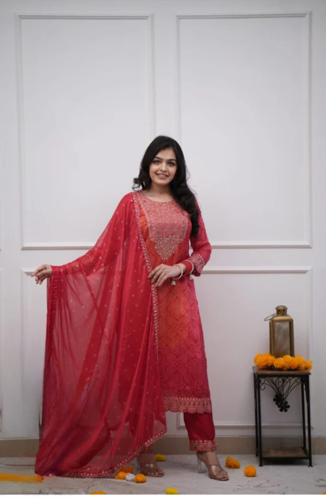 Elegant Silk BandhejSuit With Beautiful Dupatta