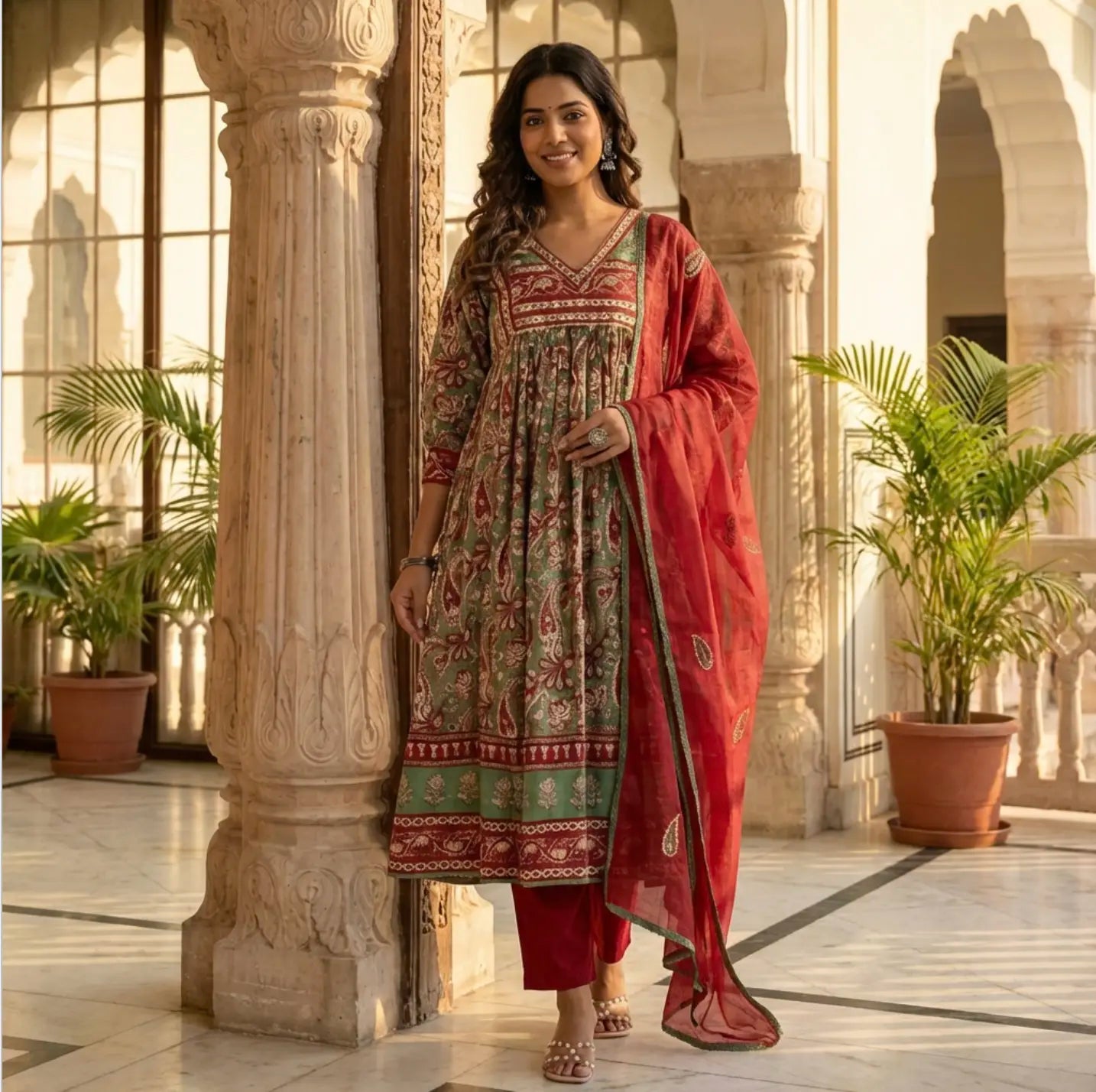 Beautiful Kalamkari Print Kurti Set with Kota Doriya Dupatta