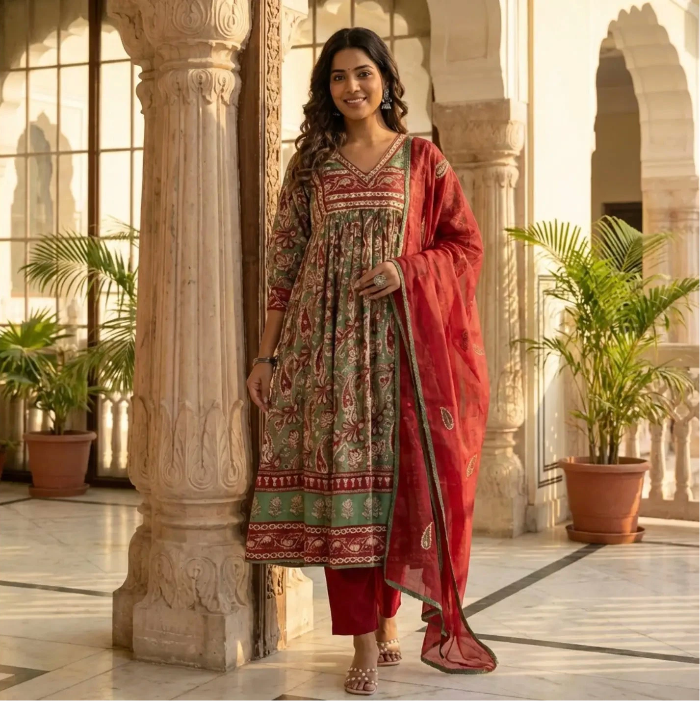 Beautiful Kalamkari Print Kurti Set with Kota Doriya Dupatta