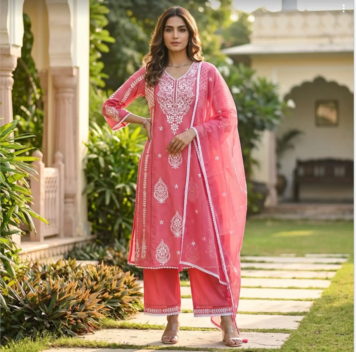 Beautiful Embroidered Lucknowi Suit In Vibrant Pink(Fuchsia)