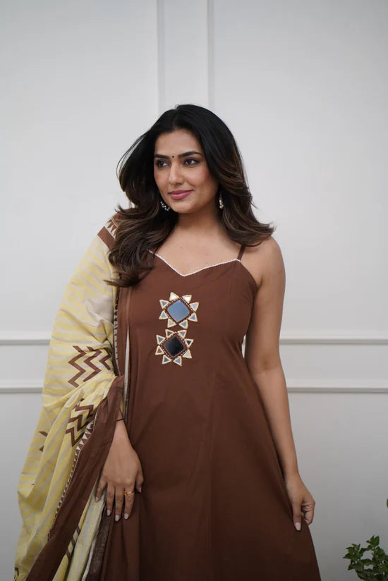 Cotton Speggitti Set With Mirror Work And Mulmul Hand block Duppatta
