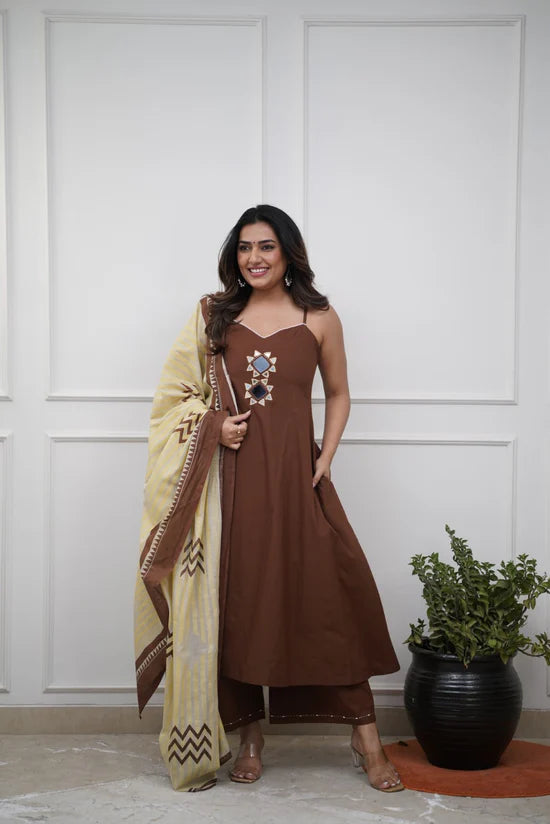 Cotton Speggitti Set With Mirror Work And Mulmul Hand block Duppatta