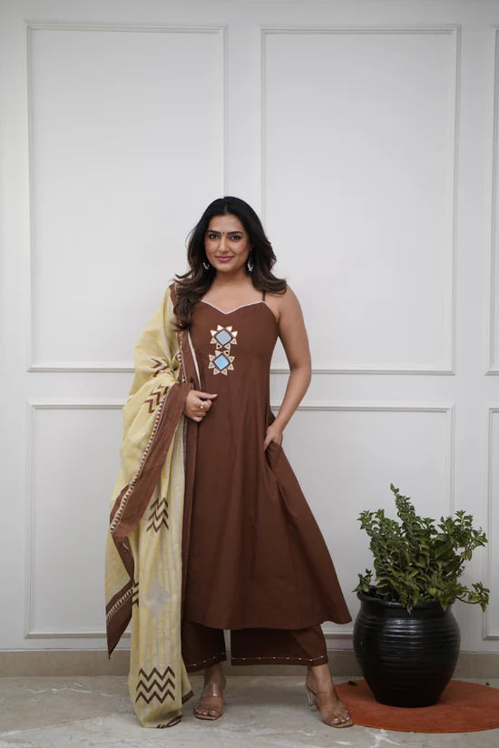 Cotton Speggitti Set With Mirror Work And Mulmul Hand block Duppatta