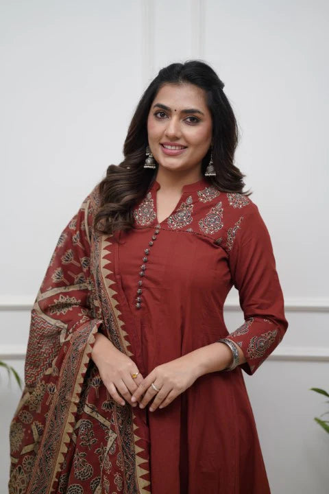 Elegant Pure Cotton Ajrakh Print Anarkali in Rust