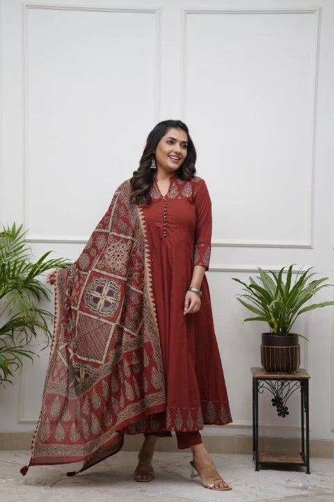 Elegant Pure Cotton Ajrakh Print Anarkali in Rust