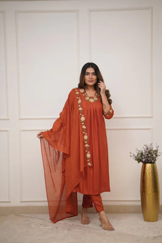 Beautiful Salwar Kameez Suit in Rich Burnt Orange Color