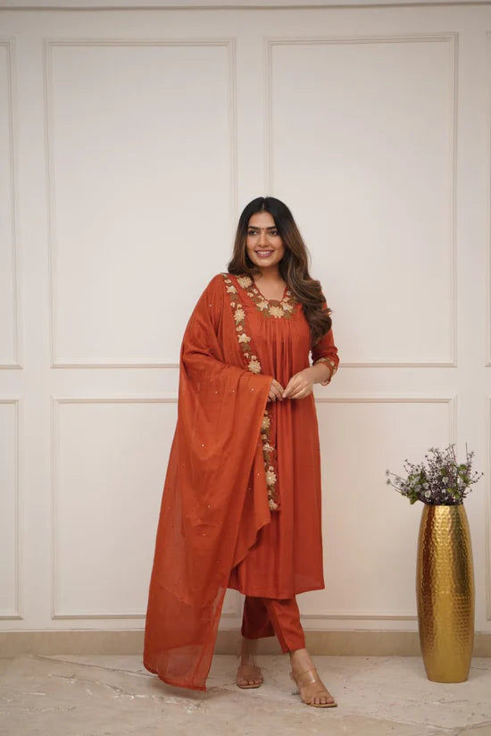 Beautiful Salwar Kameez Suit in Rich Burnt Orange Color