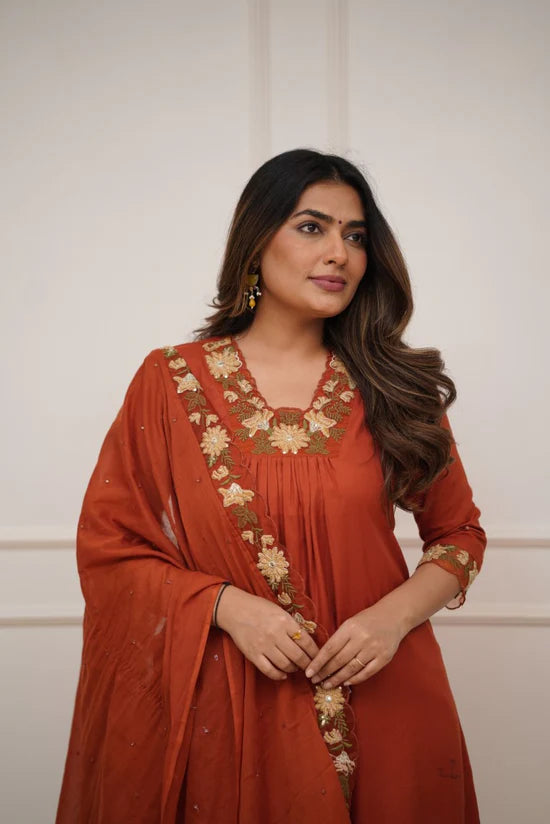Beautiful Salwar Kameez Suit in Rich Burnt Orange Color