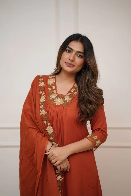 Beautiful Salwar Kameez Suit in Rich Burnt Orange Color