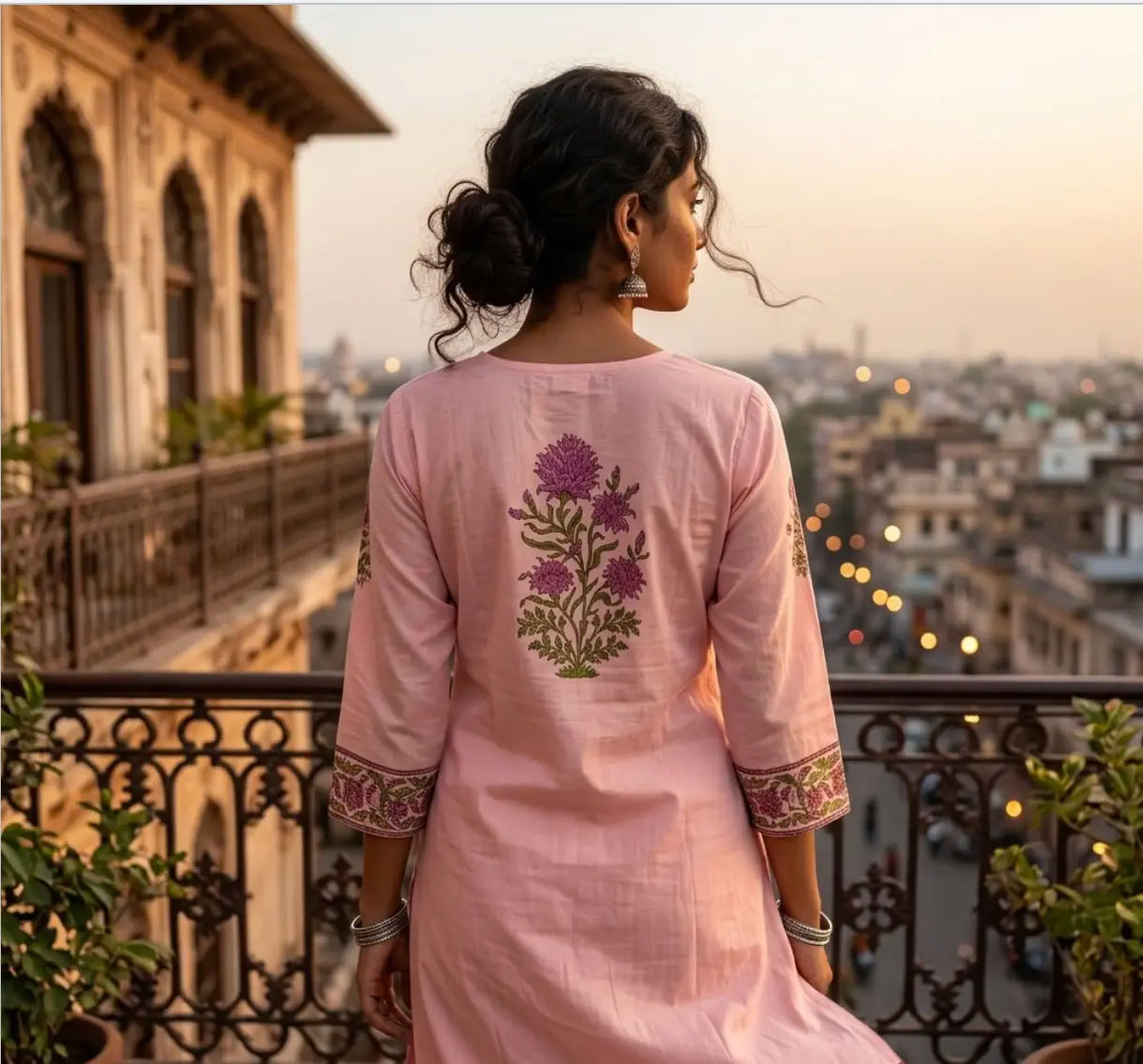 Coral Pink Floral Printed Pure Cotton Kurta Set