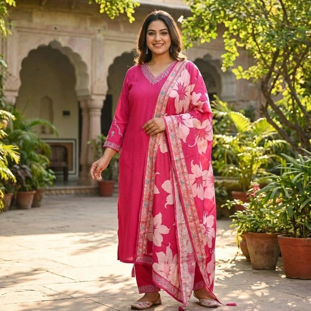 Elegant Floral Embroidered Thread Work Kurta Set With Muslin Silk Dupatta