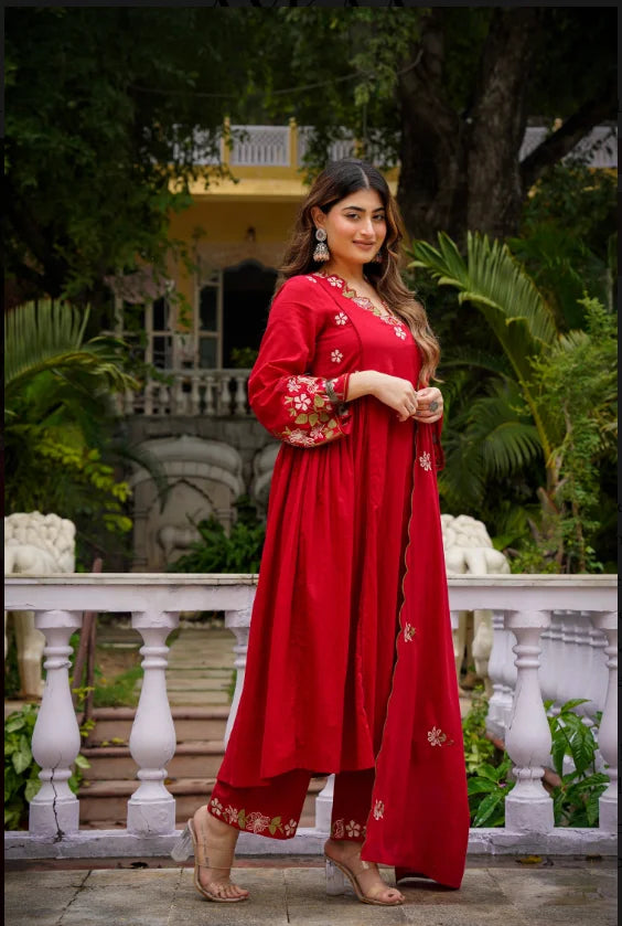 Premium Embroidered Mul Cotton Flared Suit Set in Red