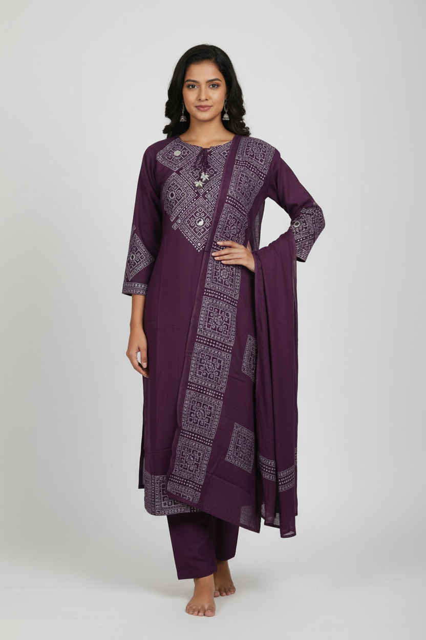 Elegant Purple Kurta Set with tie-up tassel