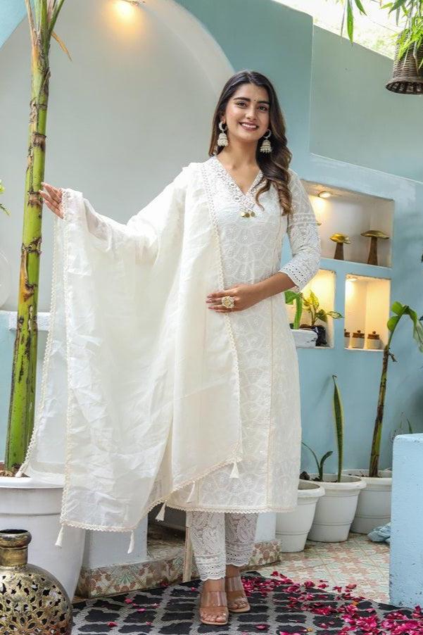 White Chikankari Suit Set with Laced Dupatta