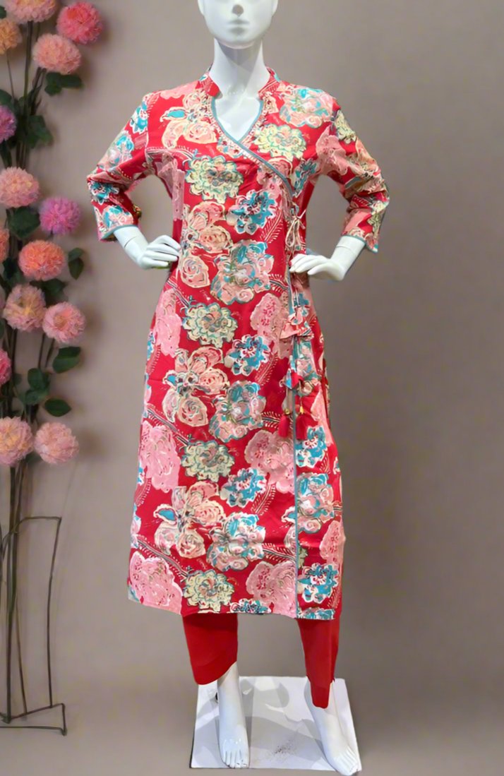 Trendy Red Floral Angarakha Kurta and Pant Set
