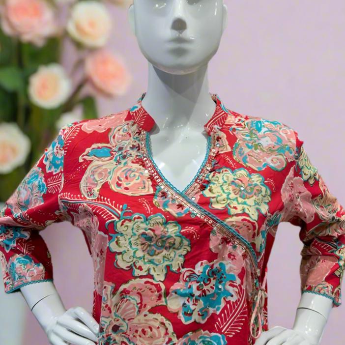 Trendy Red Floral Angarakha Kurta and Pant Set